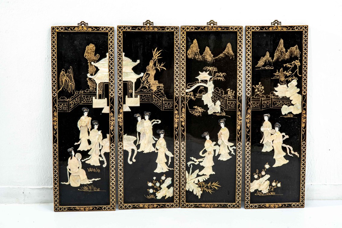 Black Lacquer East Asian 4-Panel Wall Art