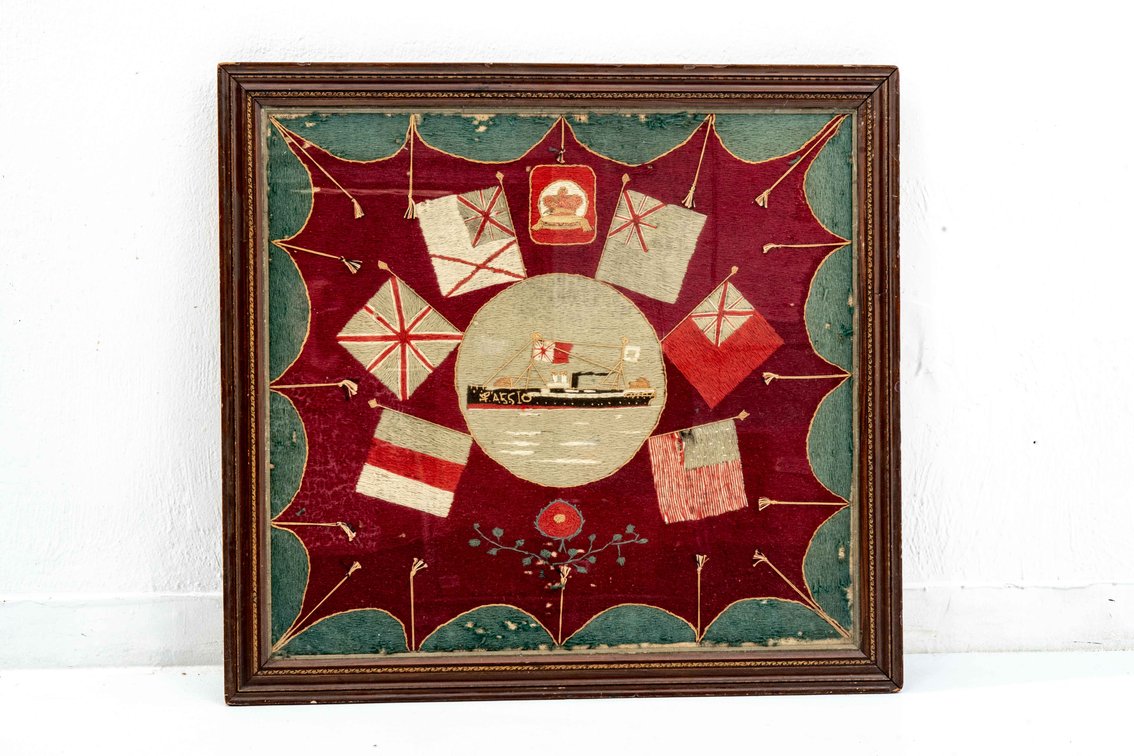 Framed Maritime Woolwork - Antique Embroidery