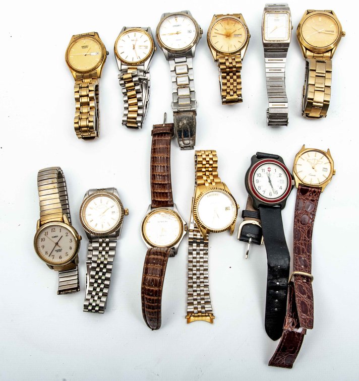 12 Watches- Seiko, Gruen, Timex, Swiss Army