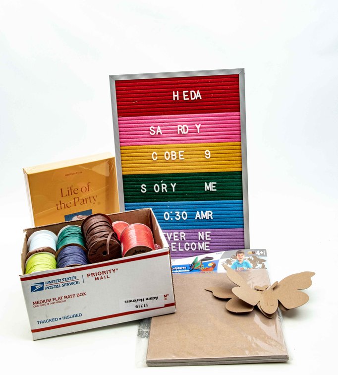 Puzzle, Cardboard Bug Sculptures, Wraphia Ribbon..