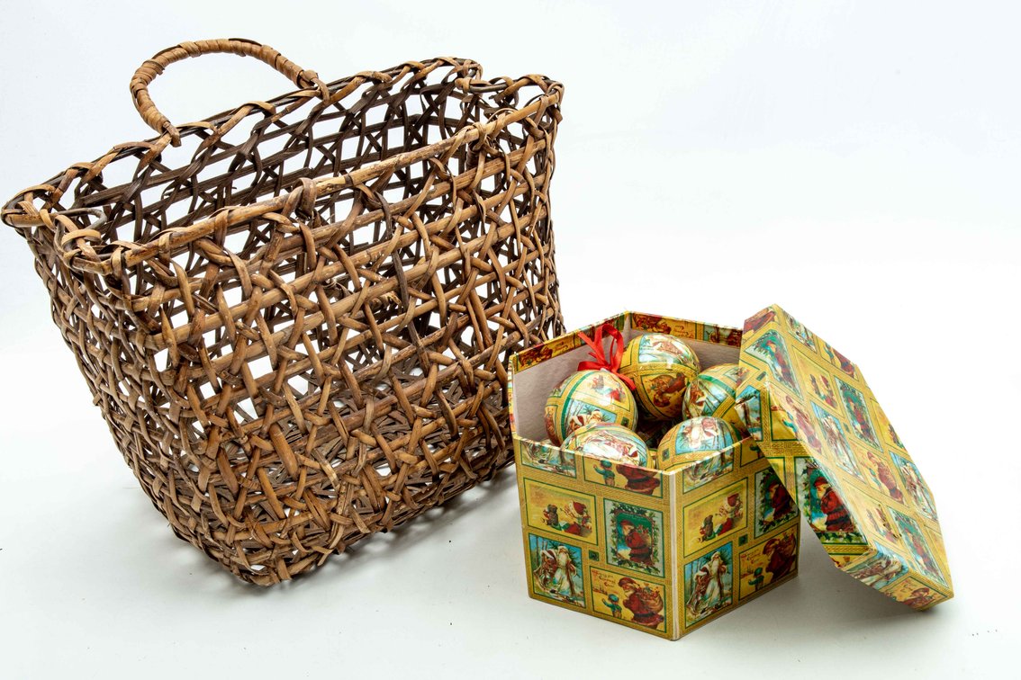 Wicker Tote & 1 Dozen Xmas Ornaments in Box