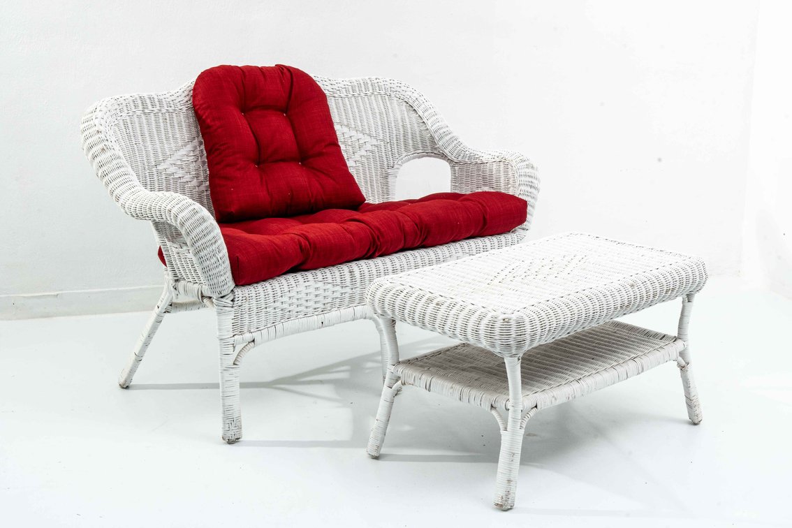 White Wicker Couch & 2 Tier Coffee Table