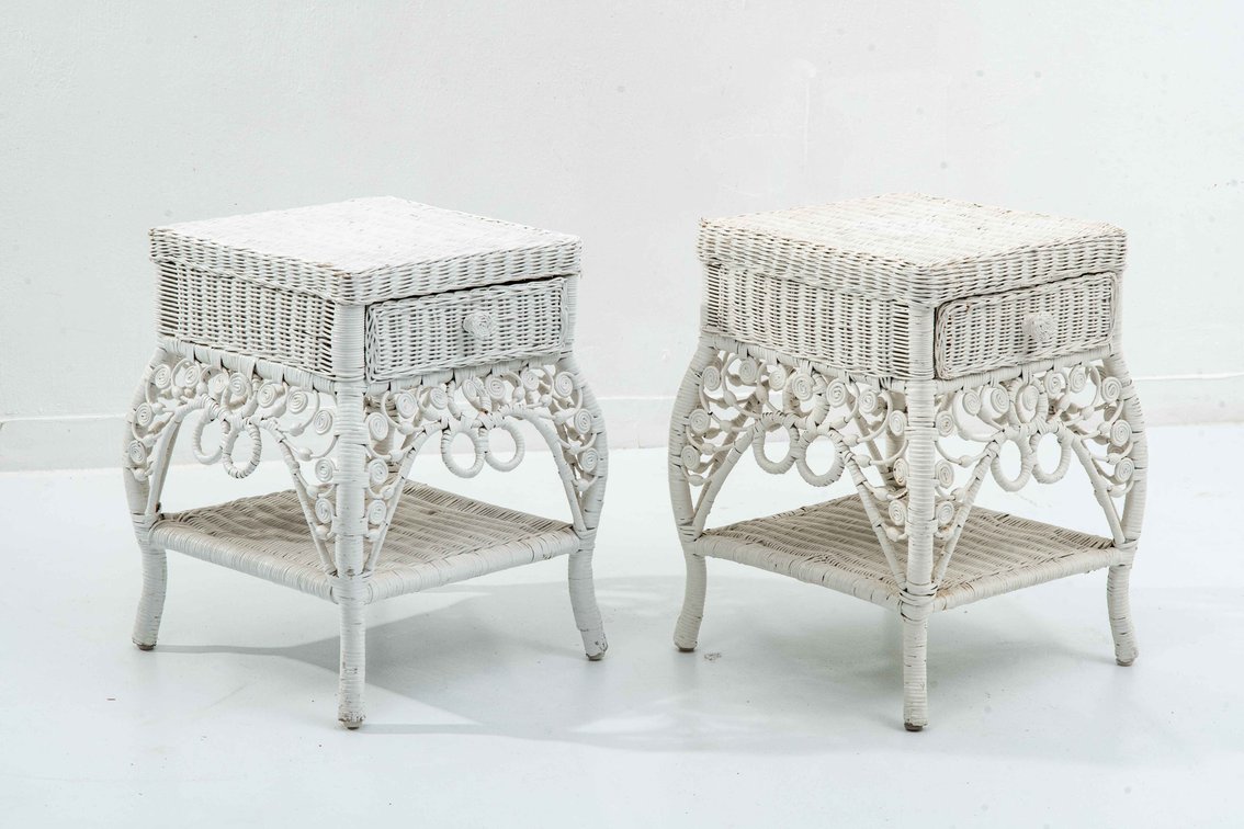 Two White Wicker Side Tables w/ Drawers