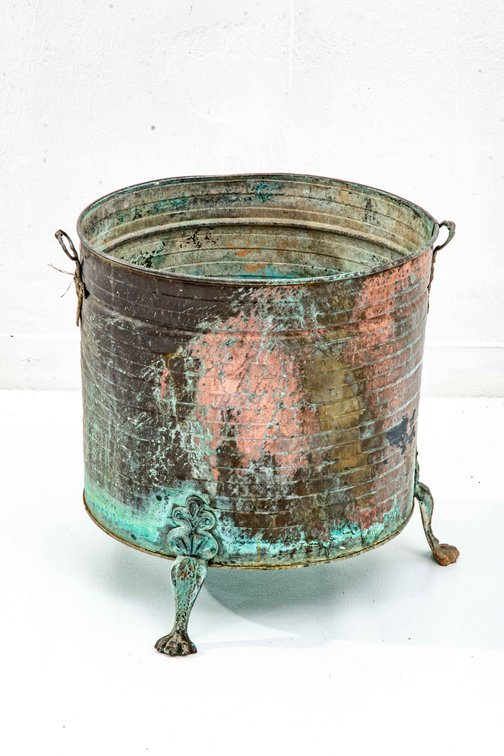 Footed Handled Copper Tub with Patina