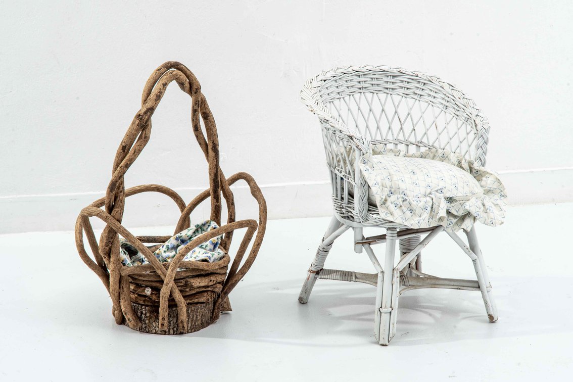 Twig & Stump Basket & Child's White Wicker Chair