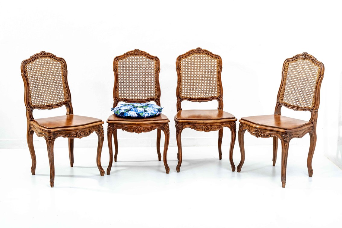 4 Old Modified Cane Back Carved Wooden Chairs