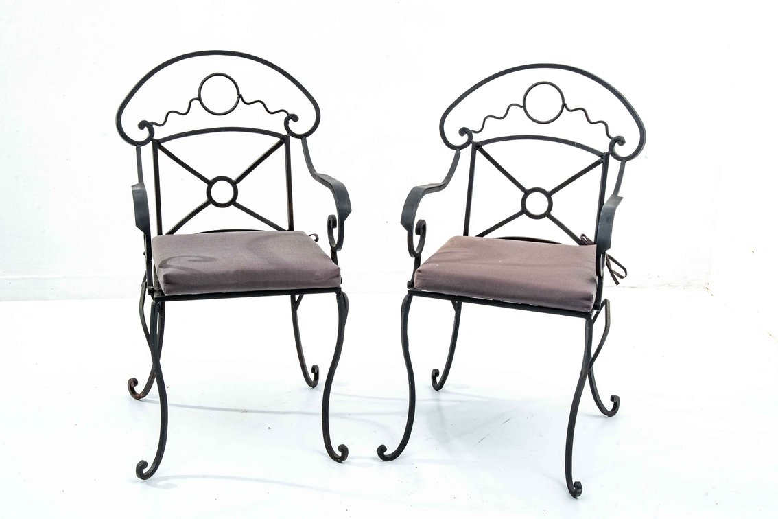 Pair of Wrought Iron Chairs w/ Weaved Metal Seats