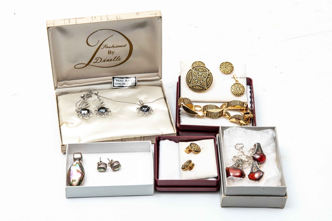 Four Jewelry Sets- Sterling & Damascene