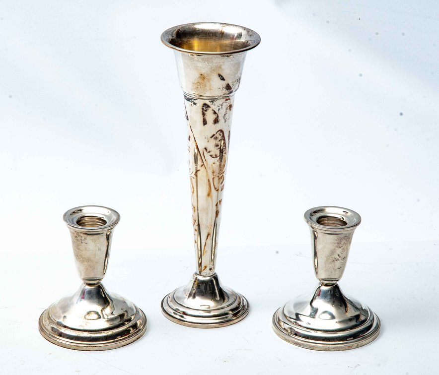 Weighted Sterling Candle Sticks & Vase