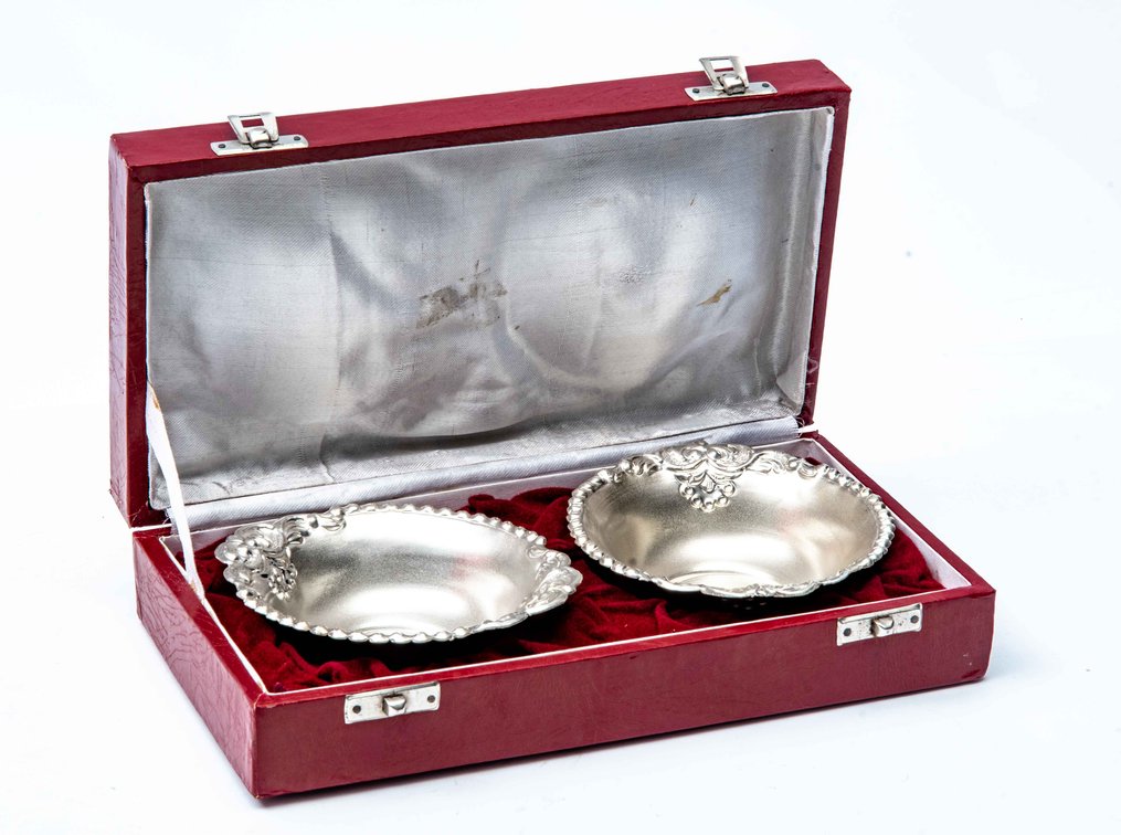 Two Small Bowls Marked MJ Silver in Red Case