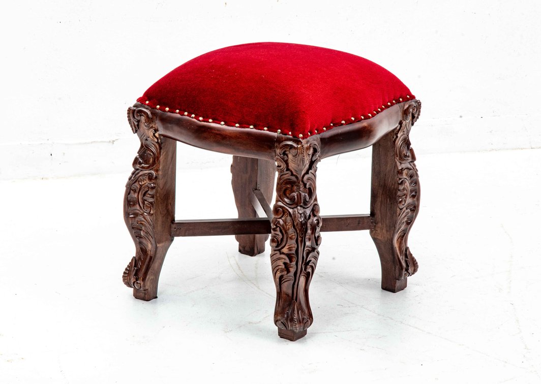 Mahogany Footrest- Studded Red Upholstery