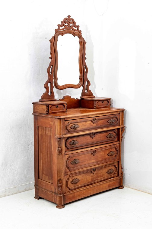 Walnut Carved Step Back Dresser w/ Mirror