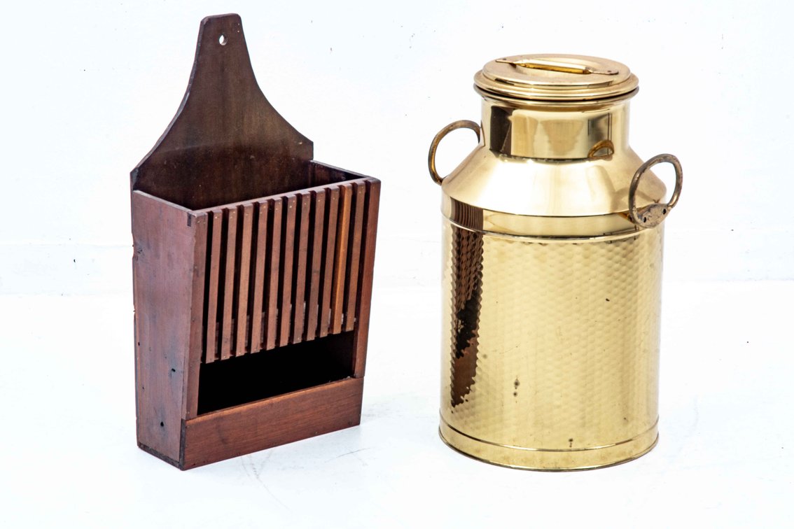 Brass-Toned Milk Can & Wooden Wall Pocket Shelf