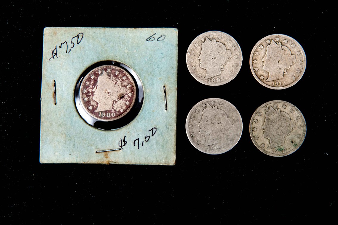 Five Barber "V" Nickels