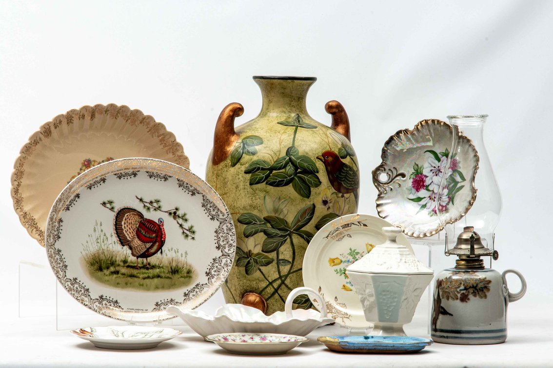 Bird Vase, Glazed Pottery Oil Lamp, & More Decor