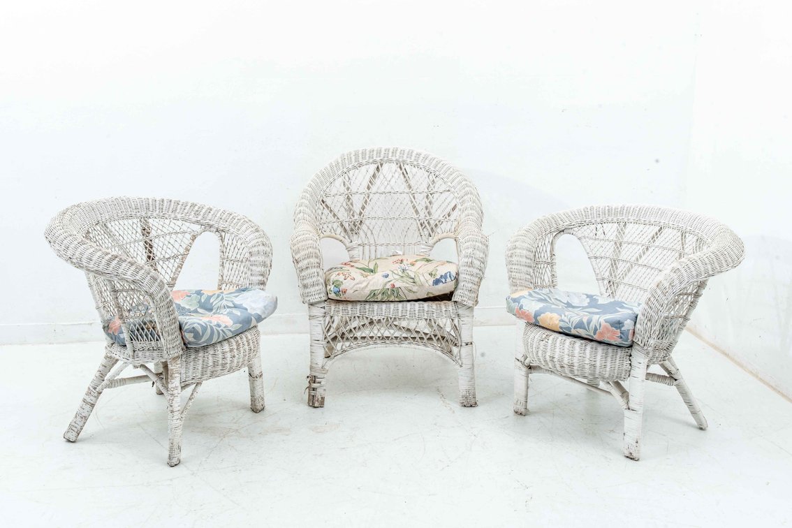 3 White Whicker Patio Chairs