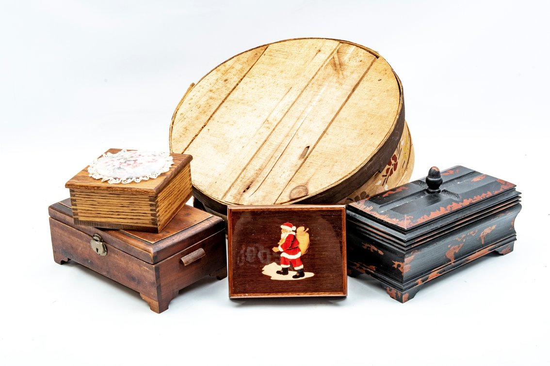 Wooden Boxes: Cheese, Music Box & Trinkets