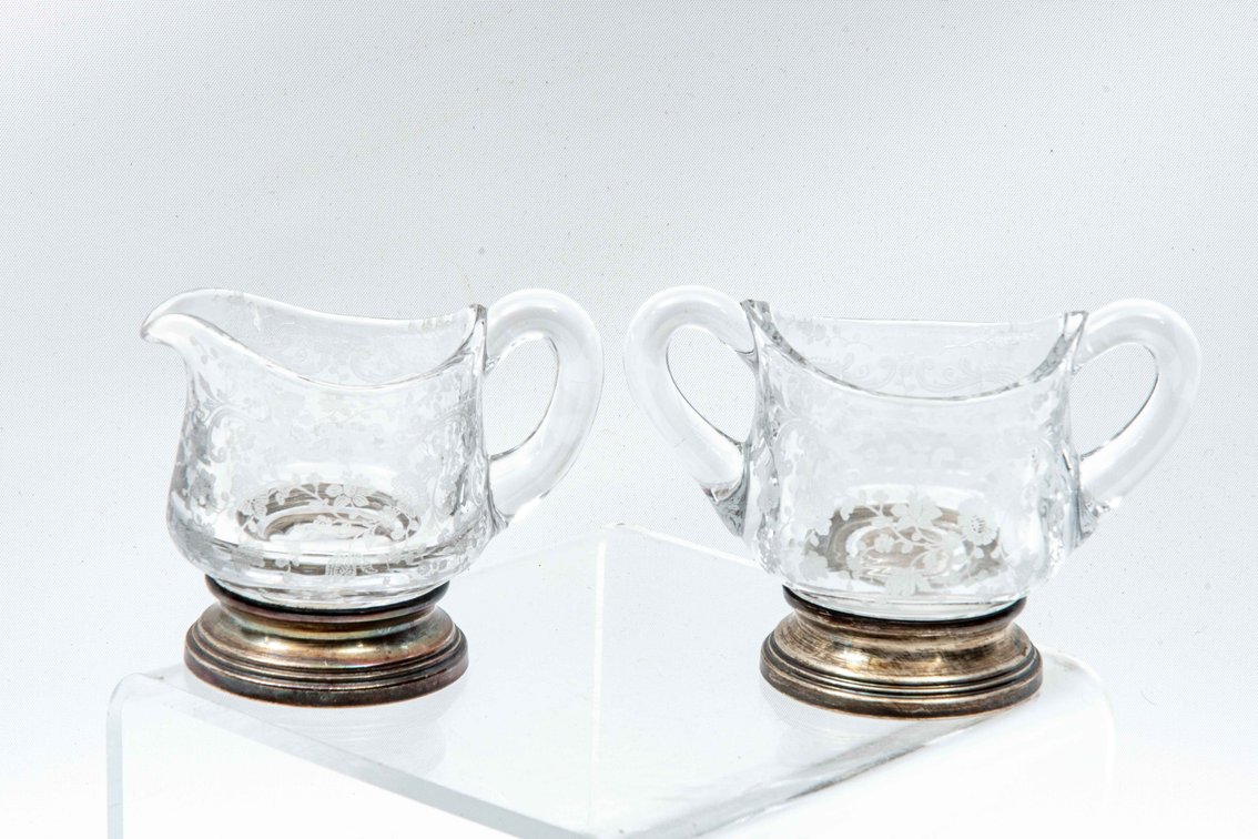 Cream & Sugar- Sterling Bases with Etched Glass