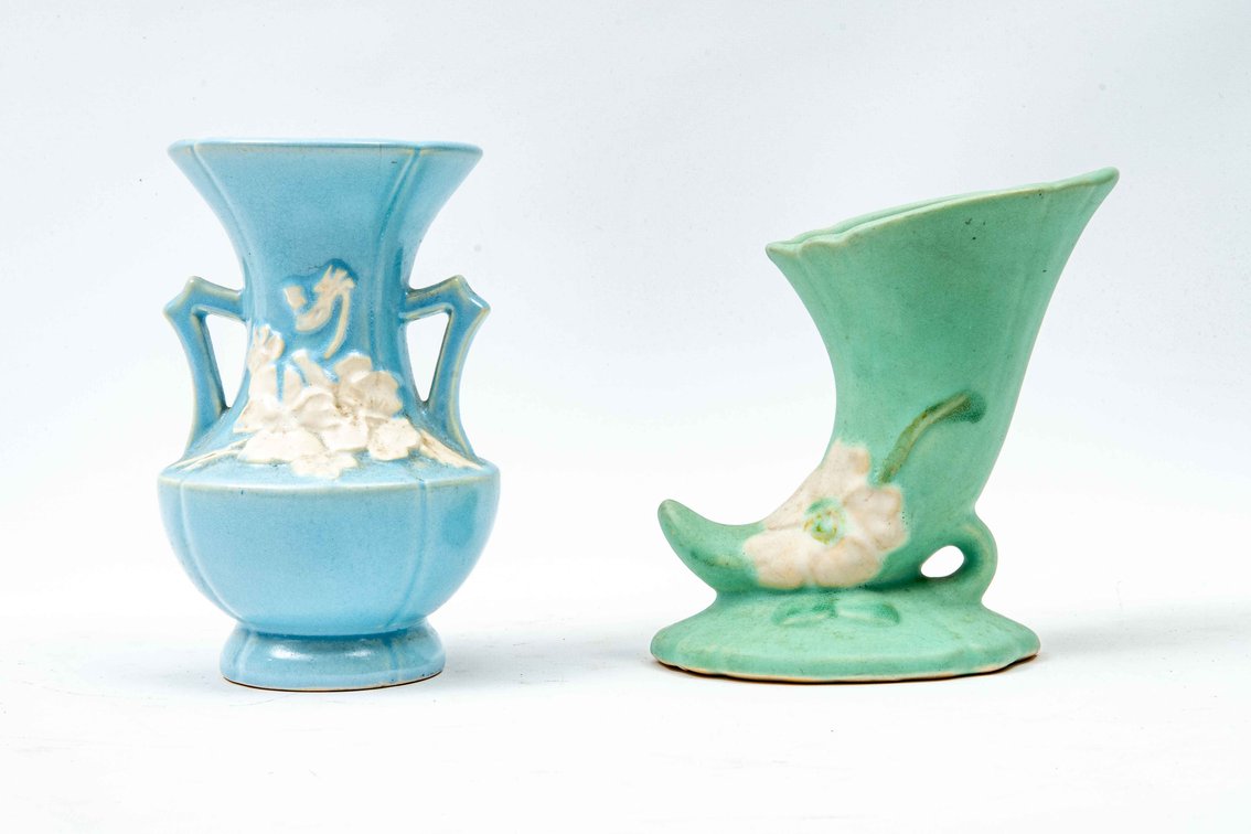 Weller Art Pottery Footed Vase & Rose Cornucopia
