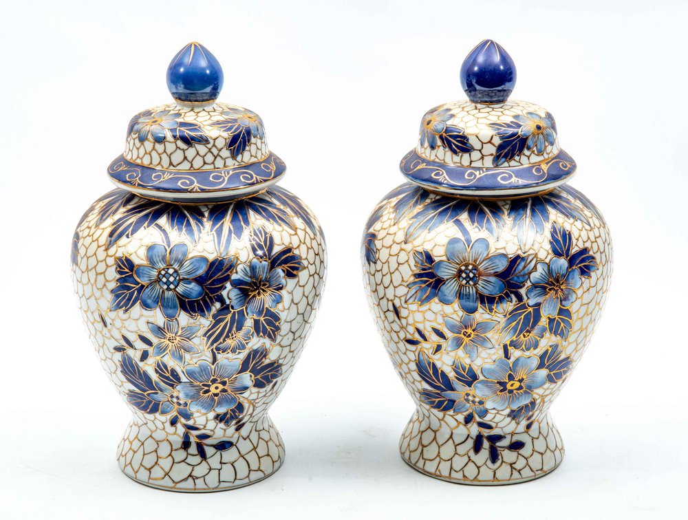 Blue & White Ginger Jars with Gold-Tone Overlay