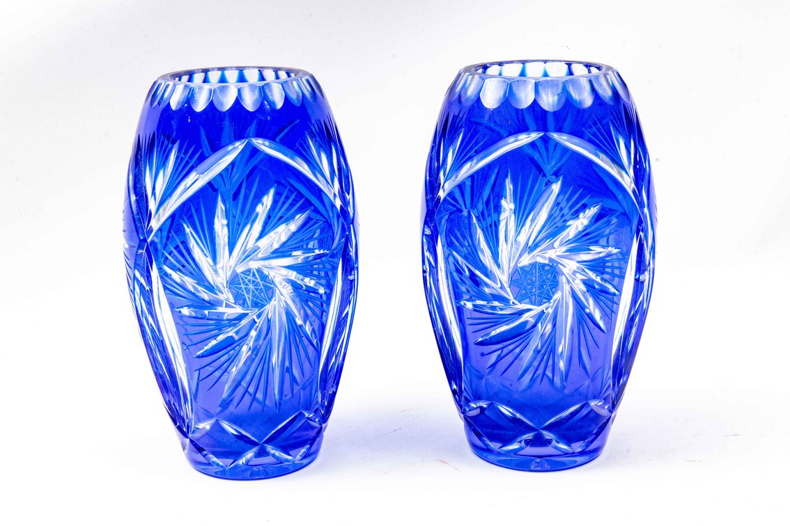 Pair of Bavarian Blue Cut to Clear Crystal Vases