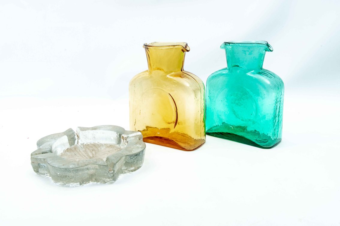 Blenko Water Pitchers & Flower Patterned Ashtray