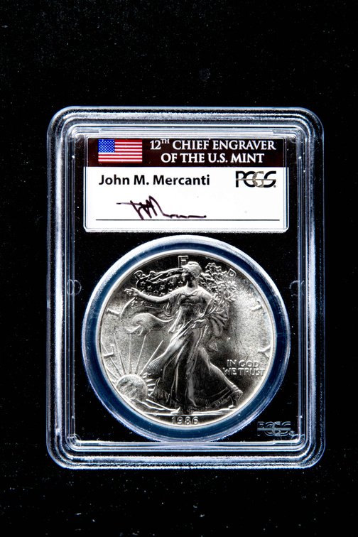 1986 $1 Silver Eagle Mercanti Signed-PCGS- MS69