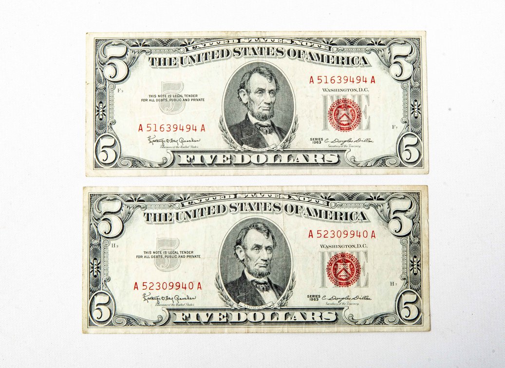 2 x 1963 Series Red Seal US $5 Notes