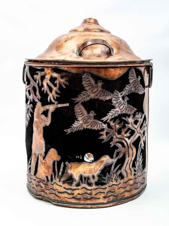 Signed Copper Pot w/ Pierced Metal Hunting Scene & Lights