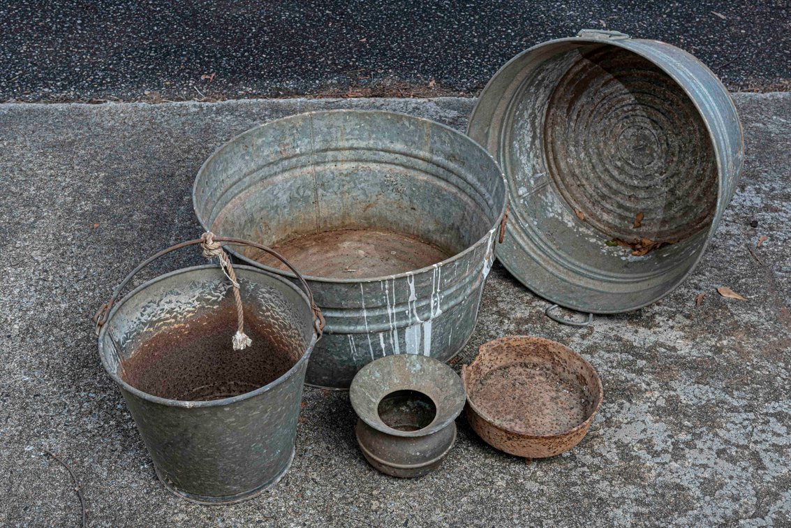 Tin Wash Bins, Pail, Spittoon & Skillet