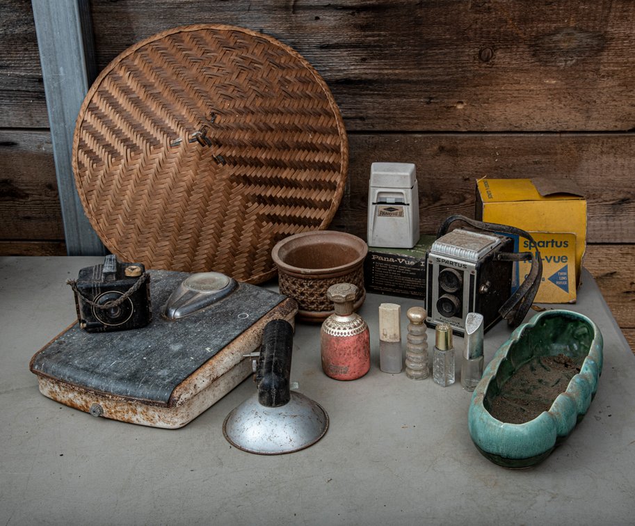 Old Cameras, Perfume Bottles, Hat & Scale