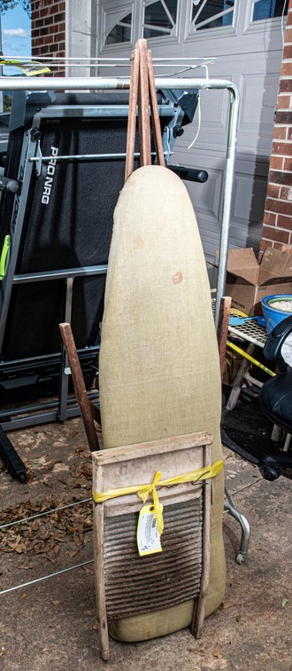 Washboard, Iron, Ironing Board & Rolling Rack