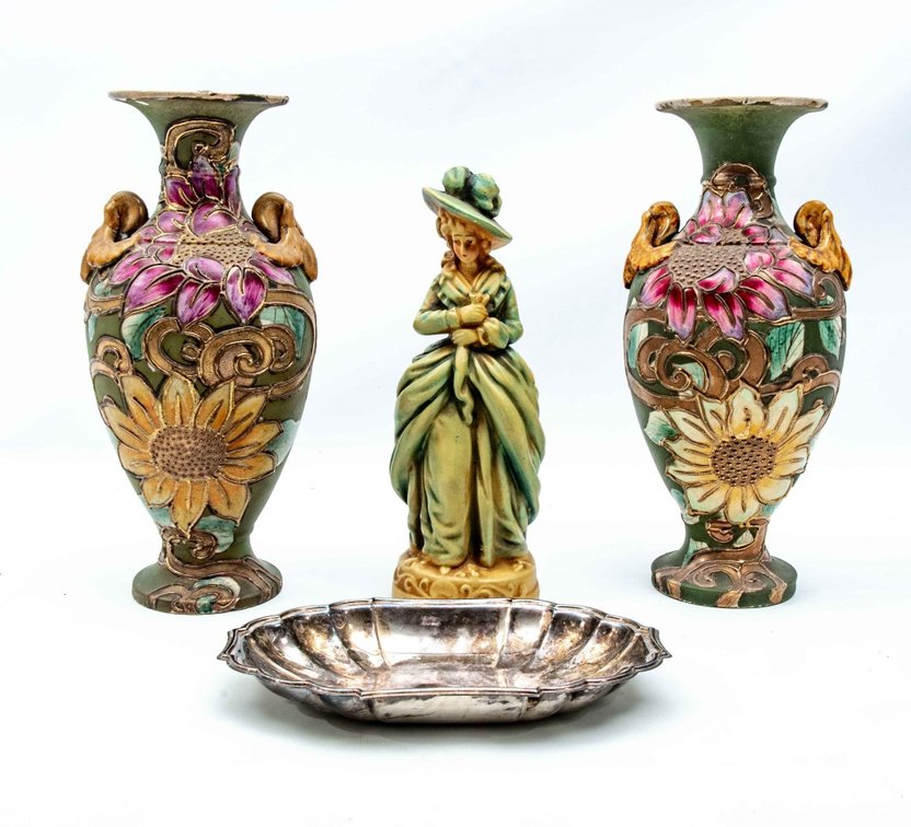 Green Floral Vases, Gorham Silver Plate Dish, ...
