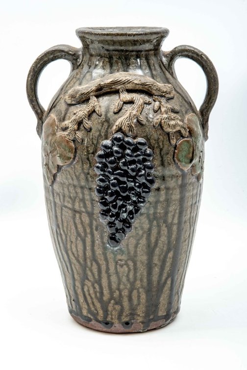 Grace Nell Hewell Signed Handled Vase w/Grapes