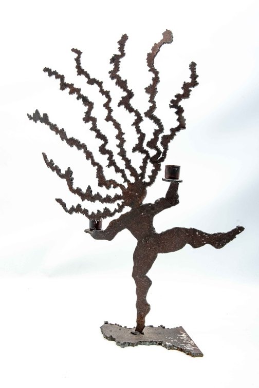 Signed Metal Art Candelabra, "Bad Hair Day"
