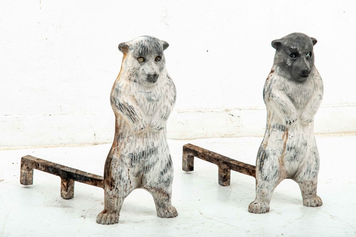 Bear Cast Iron Andirons- Glass Eyes