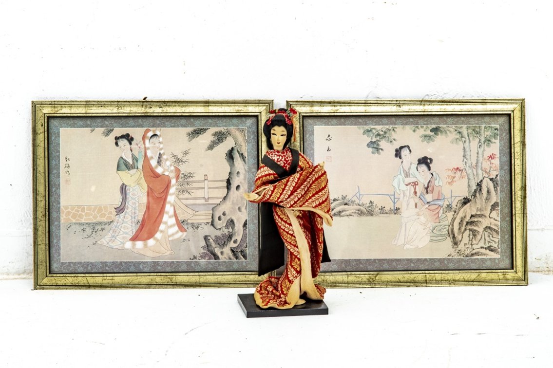 Geisha Figurine & 2 Chinese Art Prints
