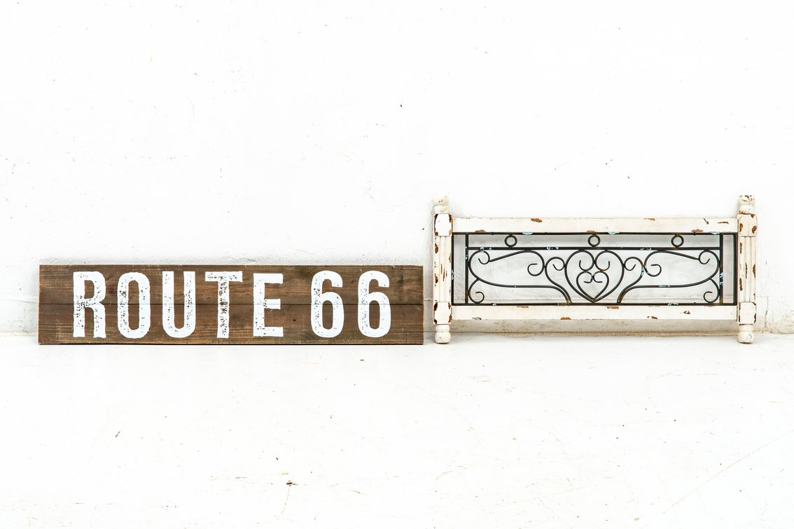 Route 66 Sign & Scroll Metal Wooden Post