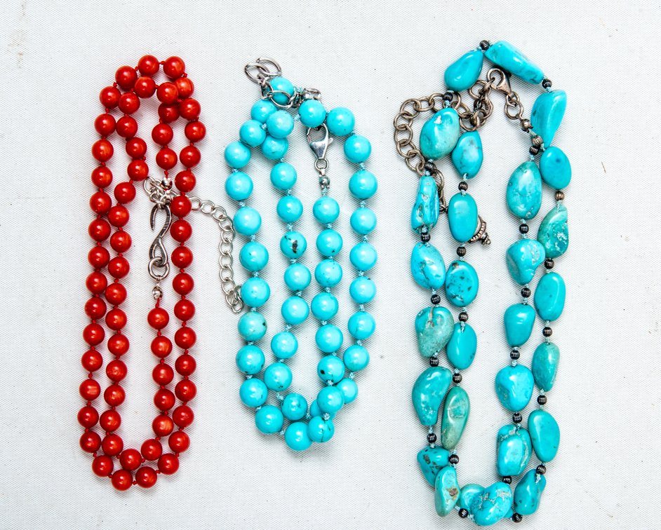 3 Beaded Necklaces- Turqouise & Red Coral