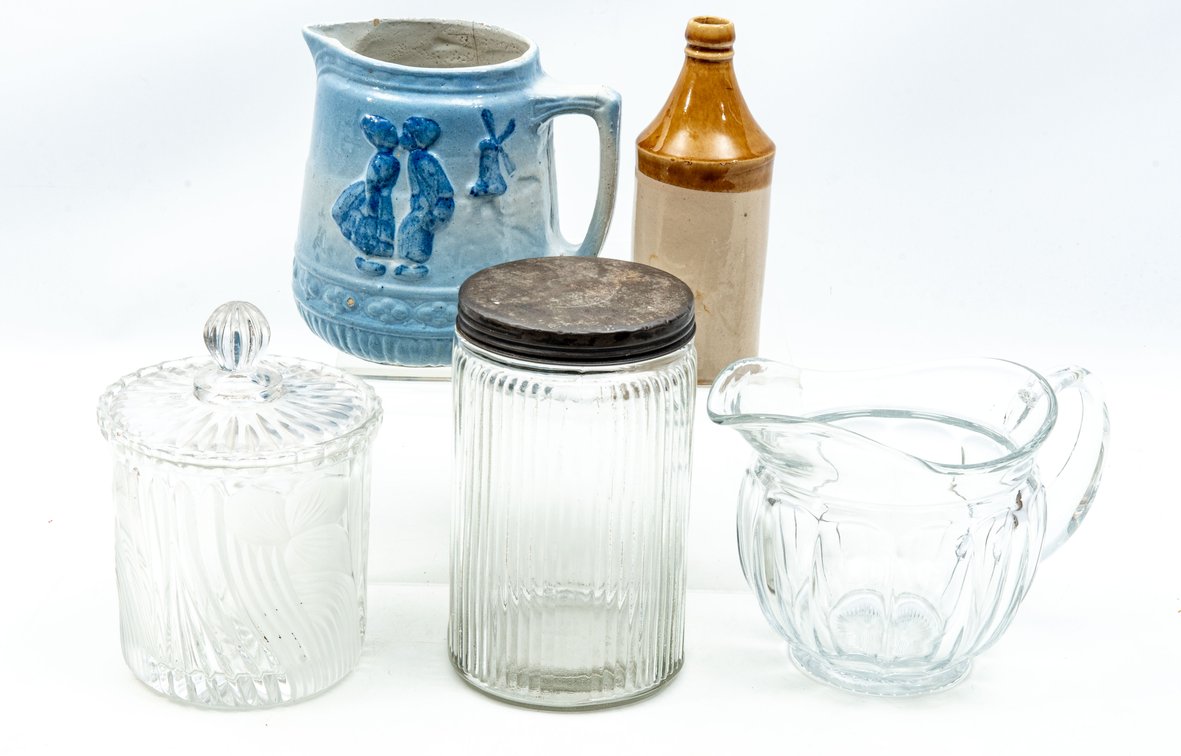 Cobalt Decorated Dutch Pattern Salt Glaze Pitcher, Crystal Bonbonneire & More