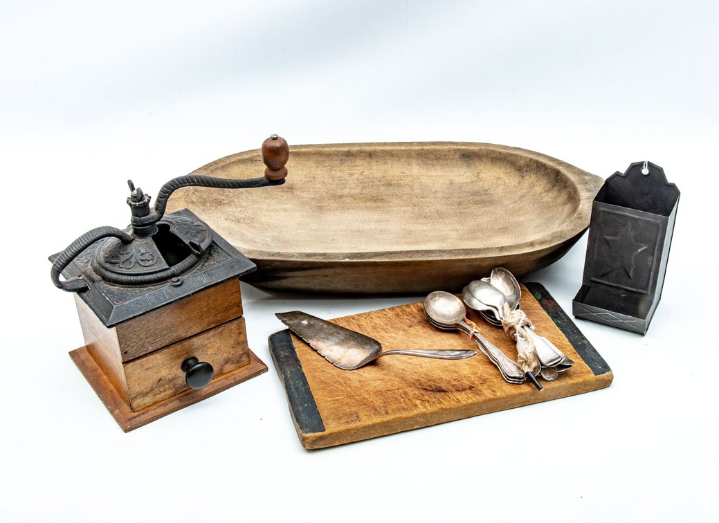 Dough Bowl, Coffee Grinder, Silverplate Utensils..