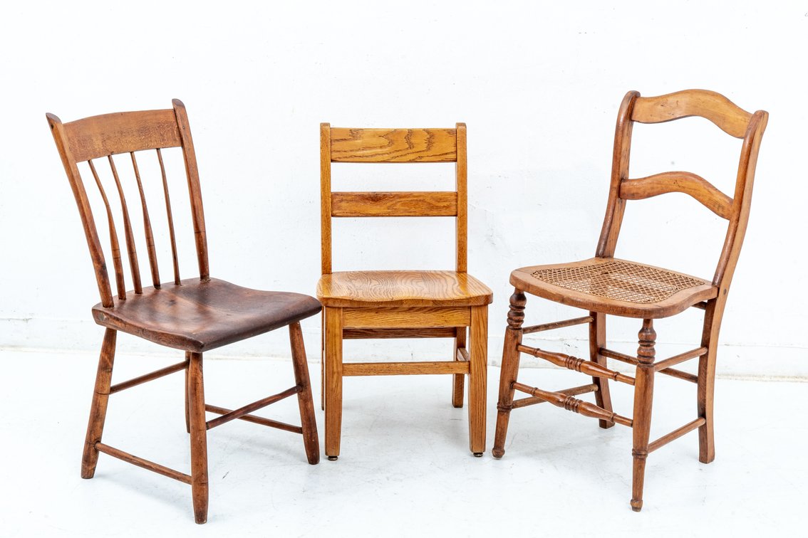 3 Chairs: Cane Seat & Simple Solid Oak