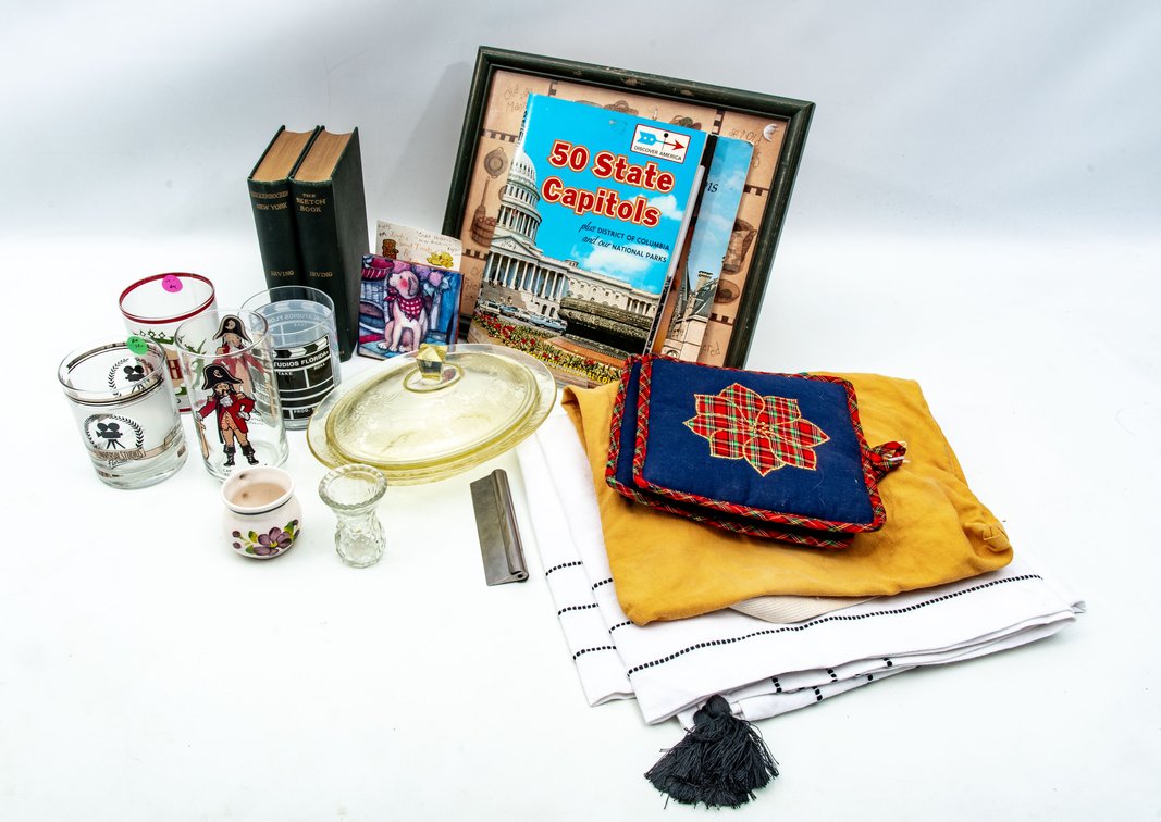 Glassware, Yellow Depress. Dish, & Books