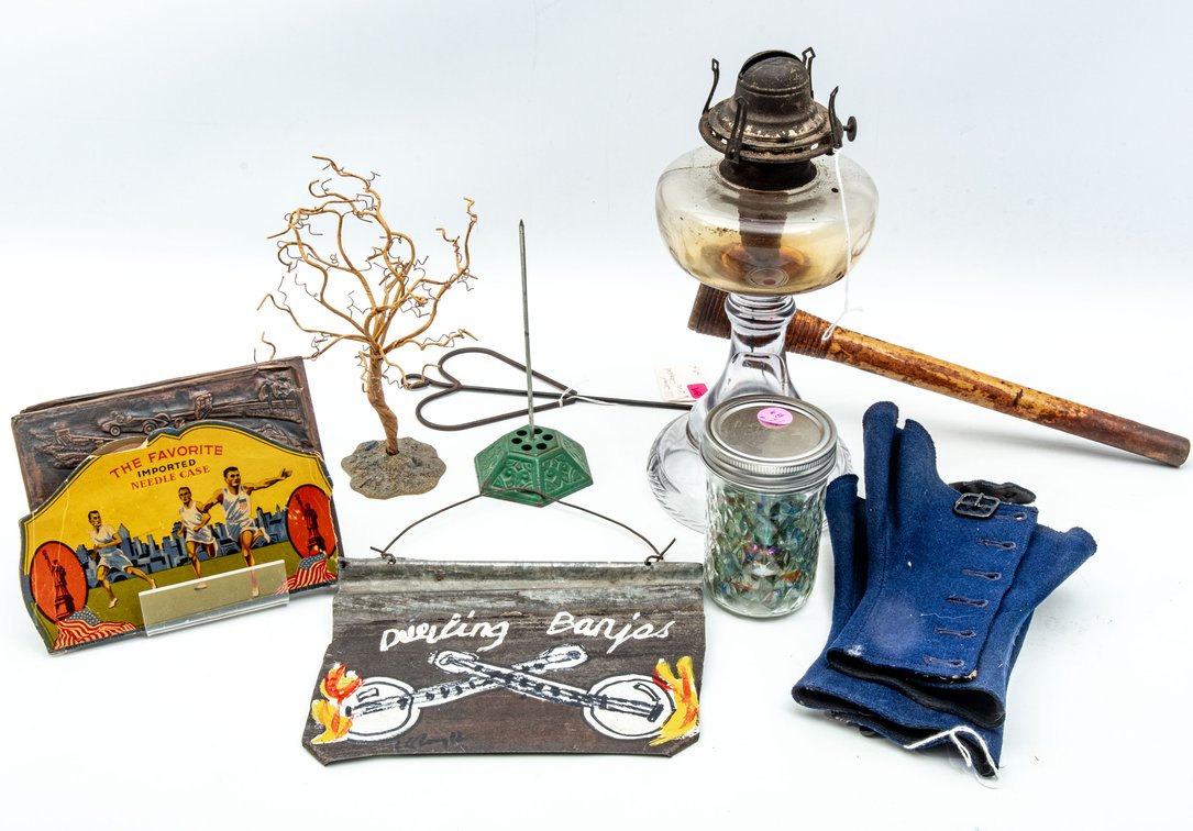 Jar of Marbles, Hand Made Copper Plates, Glass Oil Lamp, &..