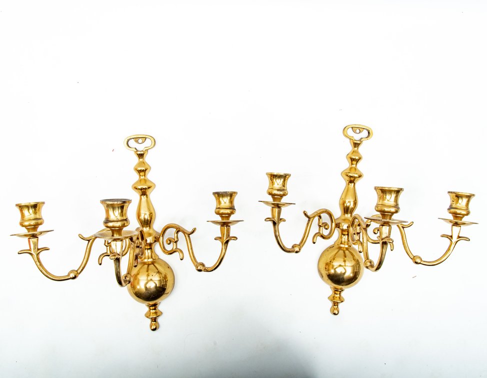 Pair of 3-Light Brass Candle Sconces