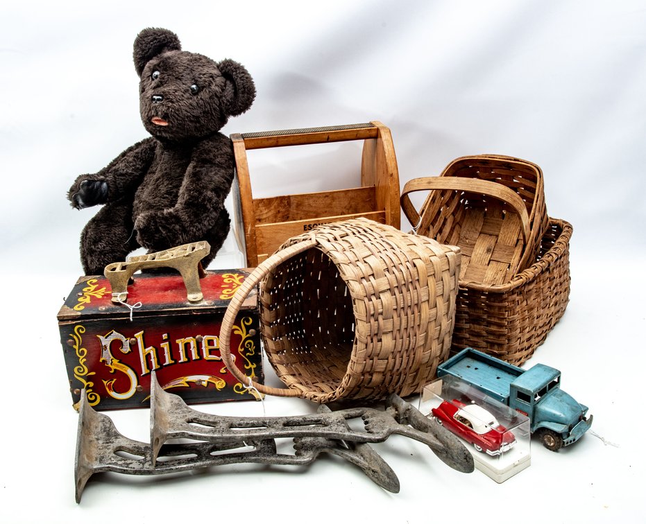 Old Shoe Shine Stand Foot Rests, Vintage Metal Air Force Truck, Hearthfire Bear, Split Oak Baskets...