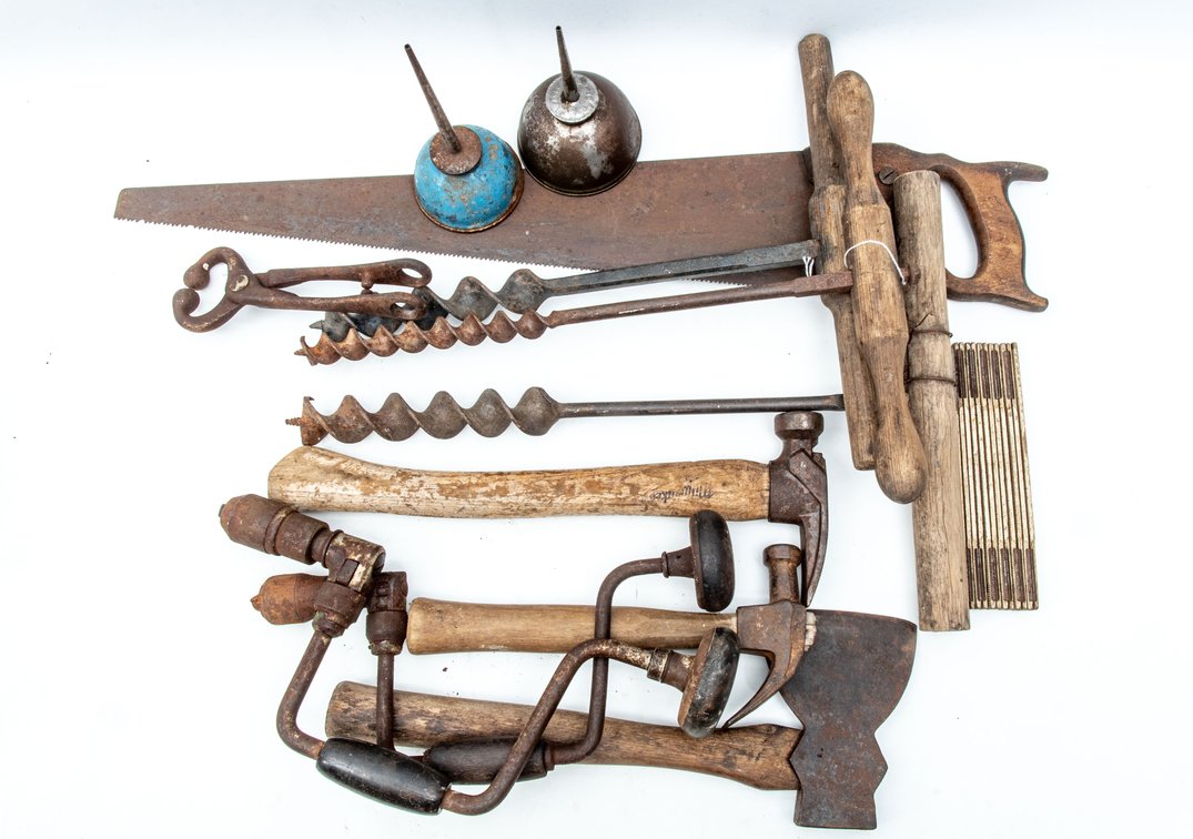 Older hand Tools - Saw, Brace Drills, Oilers, Folding Ruler