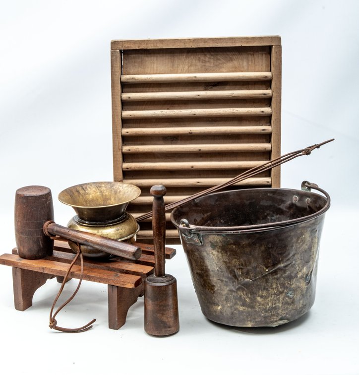 Old Brass Handled Bucket, Metal Rug Beater, Brass Spittoon, Wood Washboard