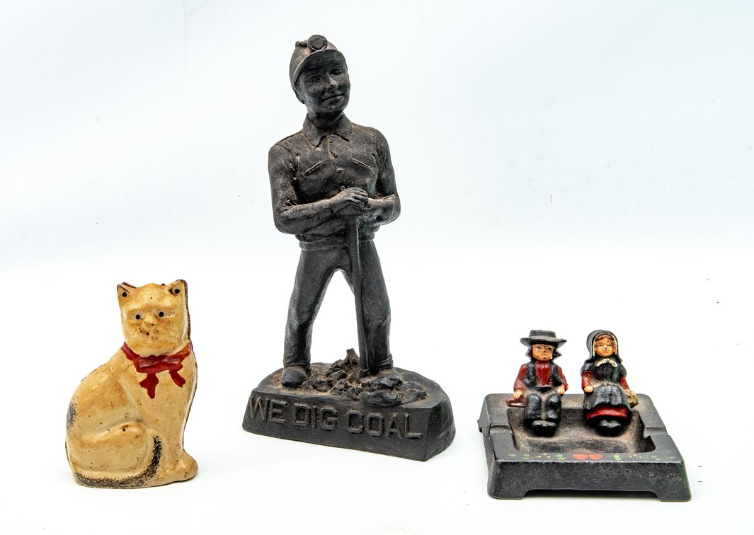 Coal Miner Figure &Cast Iron: Wilton Ashtray, White Cat Bank