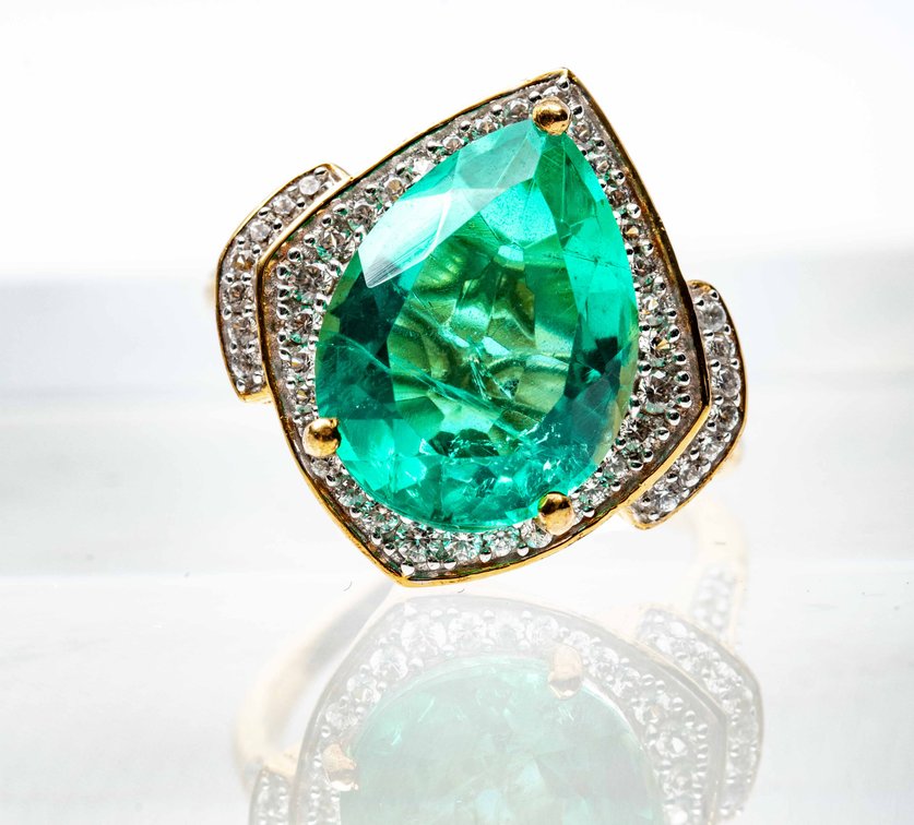 Green Quartz & Zircon Sterling Ring- Size 9